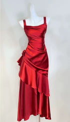 Red Satin Cascade-Ruffle Evening Maxi Dress - garment detail