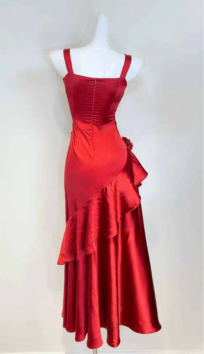 Red Satin Cascade-Ruffle Evening Maxi Dress - garment detail