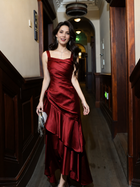 Red Satin Cascade-Ruffle Evening Maxi Dress - Red