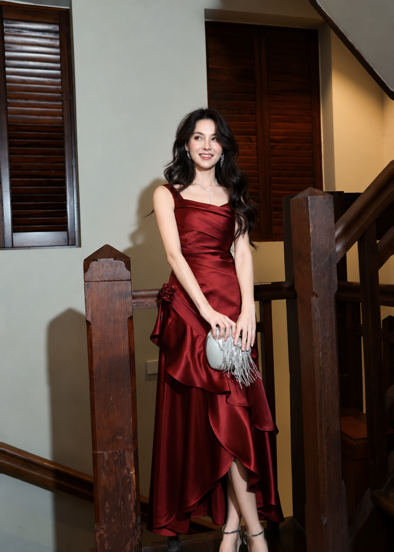 Red Satin Cascade-Ruffle Evening Maxi Dress - Red