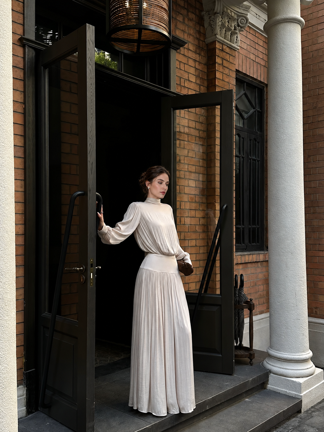 Champagne Mock Neck Long Sleeve Pleated Maxi Dress - Champagne