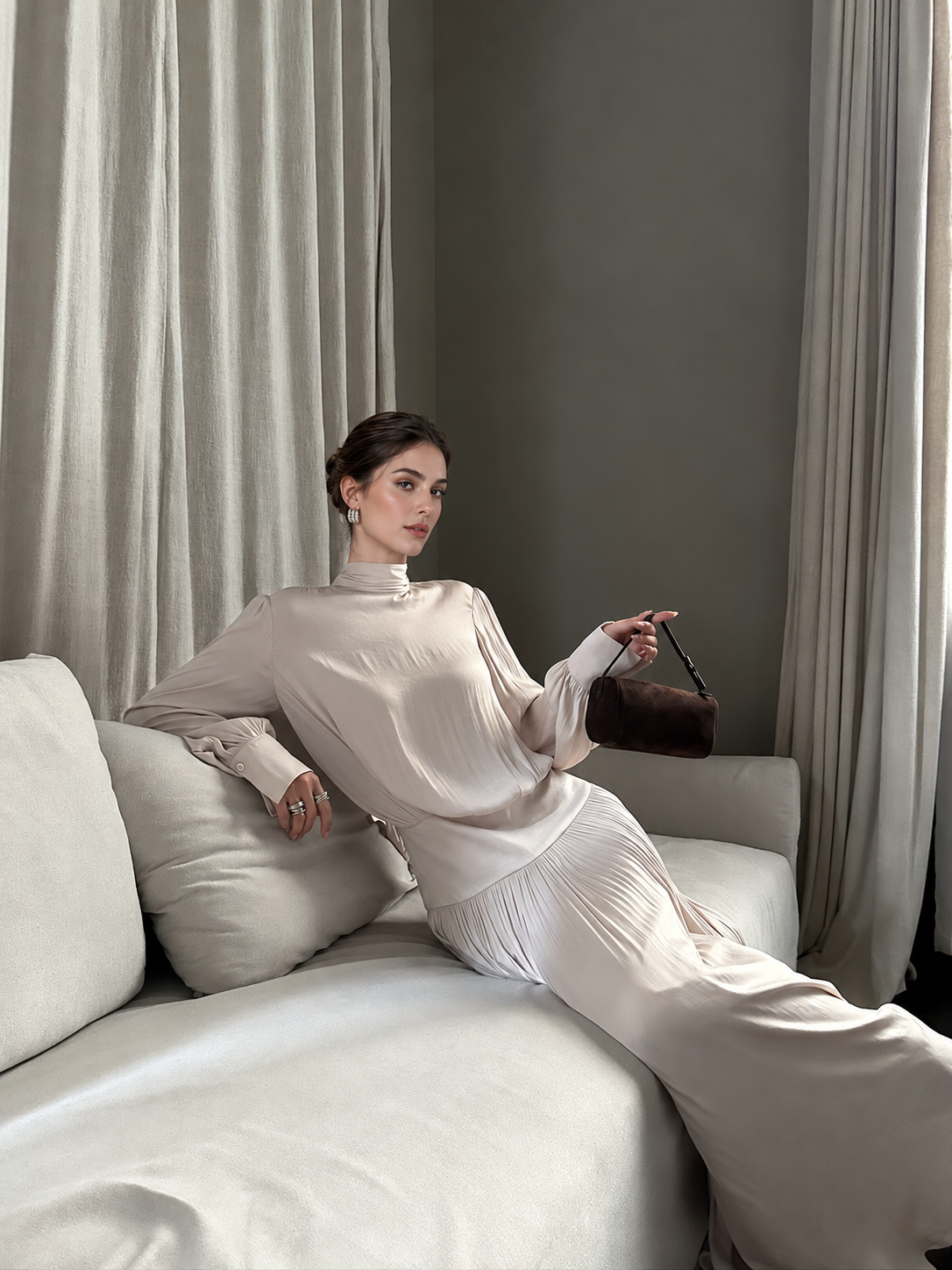 Champagne Mock Neck Long Sleeve Pleated Maxi Dress - Champagne