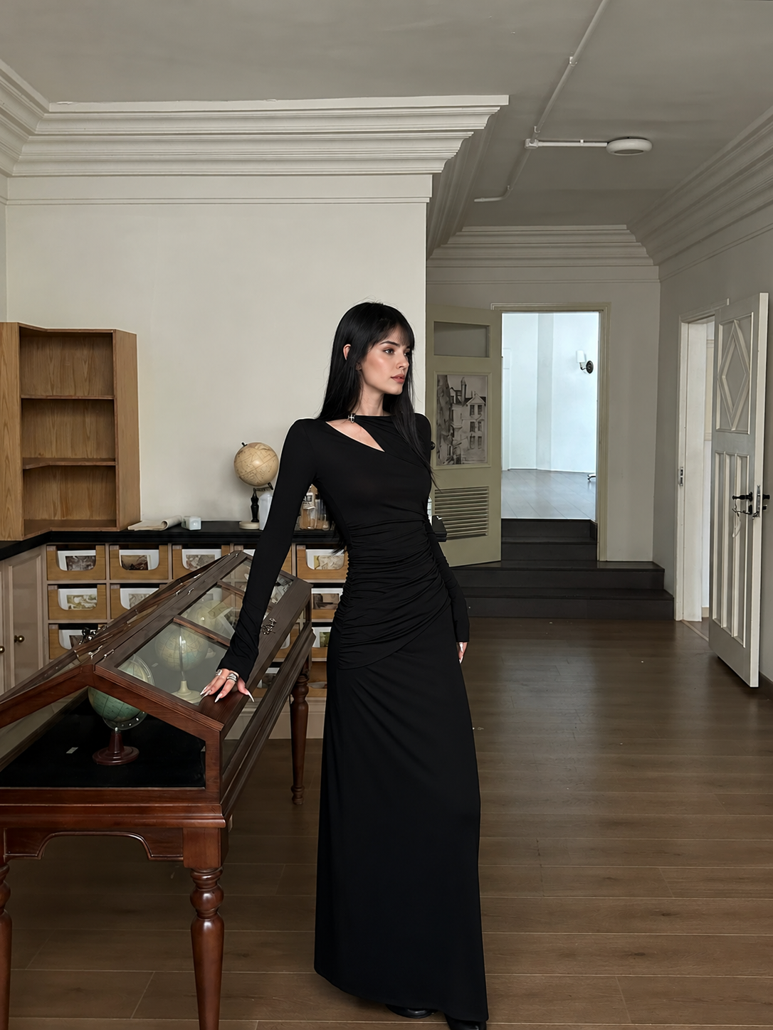 Black Asymmetric Cutout Long Sleeve Maxi Dress - Black