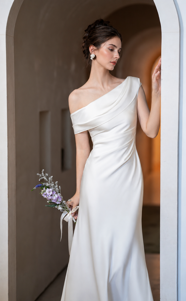 One-Shoulder Draped Satin Midi Dress - White