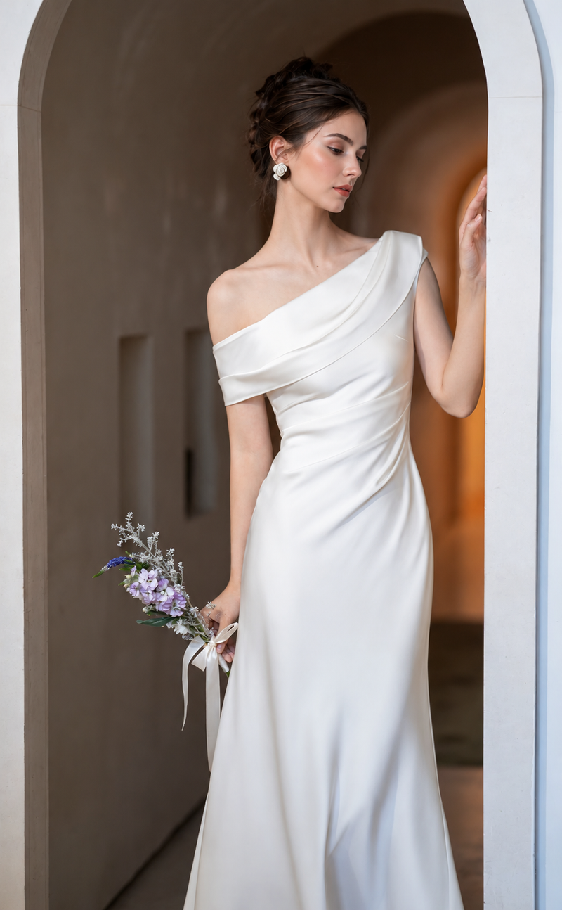 One-Shoulder Draped Satin Midi Dress - White
