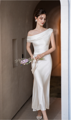 One-Shoulder Draped Satin Midi Dress - White