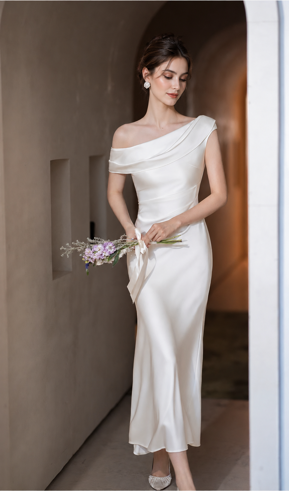 One-Shoulder Draped Satin Midi Dress - White
