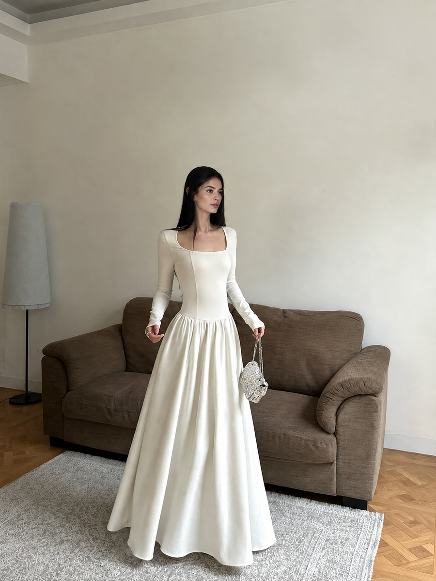 White Square Neck Long Sleeve Maxi Dress with Cape