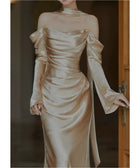 Gold Satin Corset Gown with Detachable Sleeves - garment detail