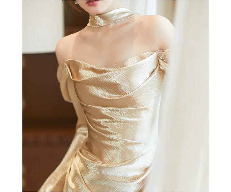 Gold Satin Corset Gown with Detachable Sleeves - garment detail
