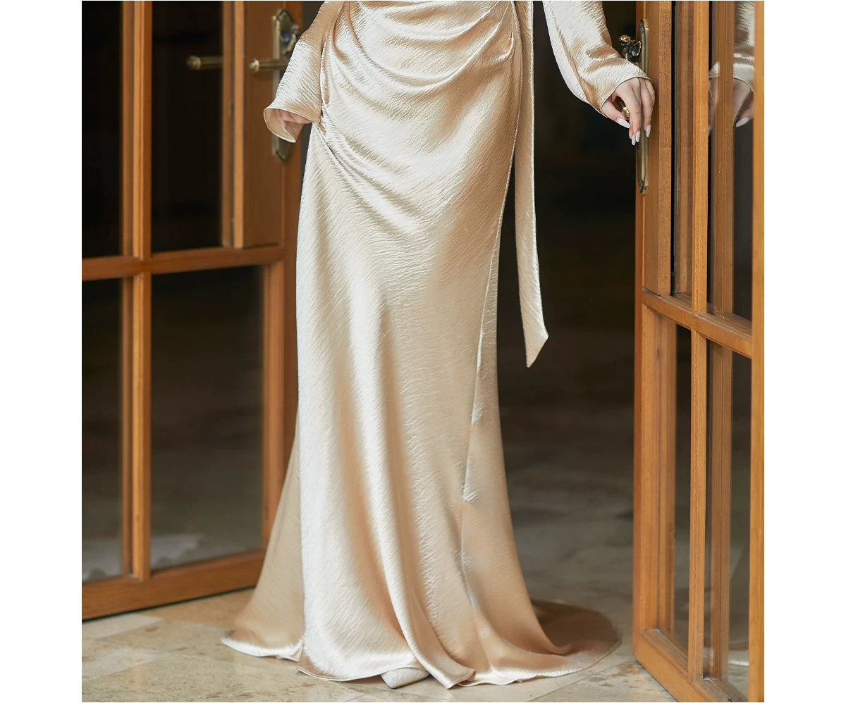 Gold Satin Corset Gown with Detachable Sleeves - garment detail