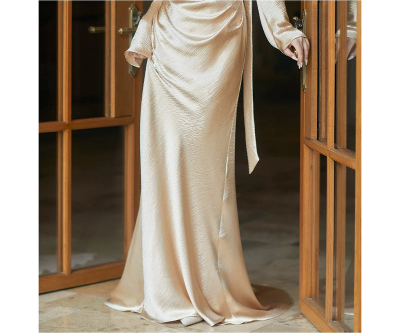 Gold Satin Corset Gown with Detachable Sleeves - garment detail