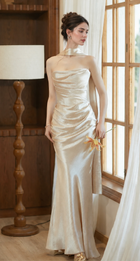 Gold Satin Corset Gown with Detachable Sleeves - Gold