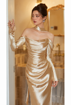 Gold Satin Corset Gown with Detachable Sleeves - Gold