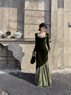Deep Green Square-Neck Velvet Mermaid Maxi Dress - Deep Green