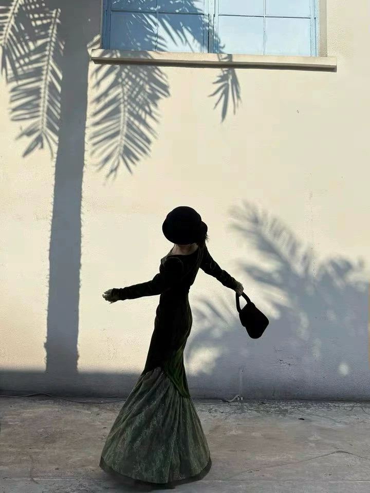 Deep Green Square-Neck Velvet Mermaid Maxi Dress - garment detail