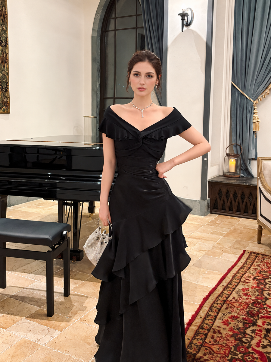 Black Off-Shoulder Ruffle Mermaid Evening Dress