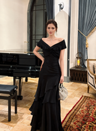 Black Off-Shoulder Ruffle Mermaid Evening Dress - Black