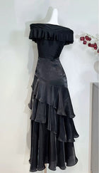 Black Off-Shoulder Ruffle Mermaid Evening Dress - garment detail