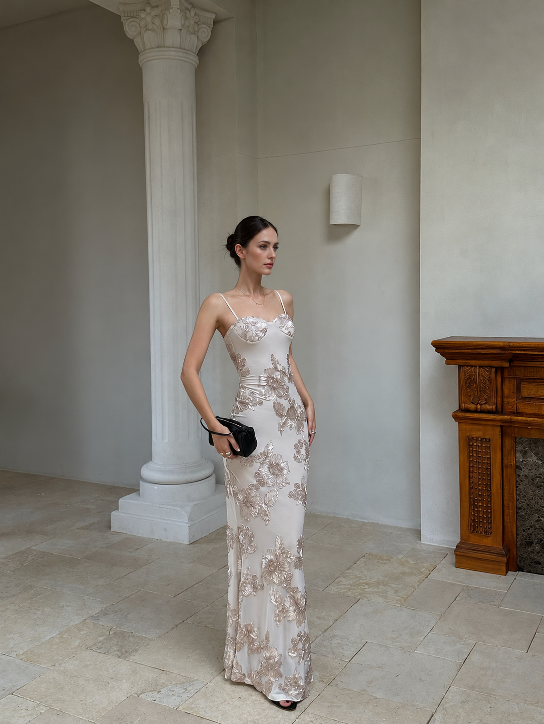 Champagne Floral-Detail Strappy Evening Dress - Champagne