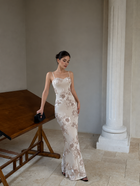 Champagne Floral-Detail Strappy Evening Dress - Champagne