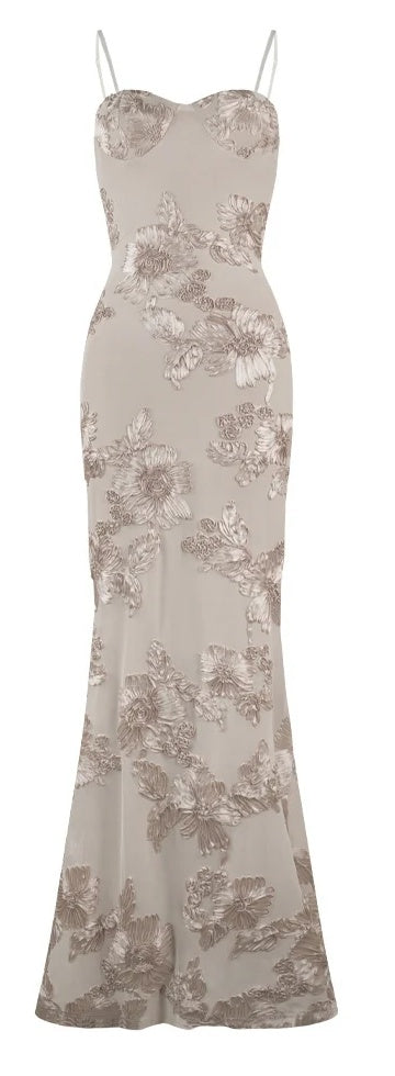 Champagne Floral-Detail Strappy Evening Dress - garment detail