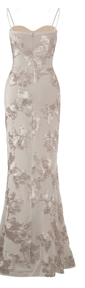 Champagne Floral-Detail Strappy Evening Dress - garment detail