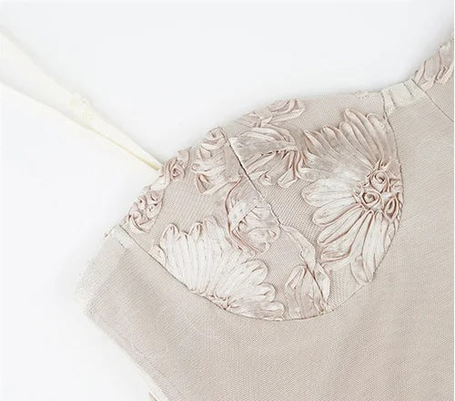 Champagne Floral-Detail Strappy Evening Dress - garment detail