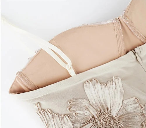 Champagne Floral-Detail Strappy Evening Dress - garment detail