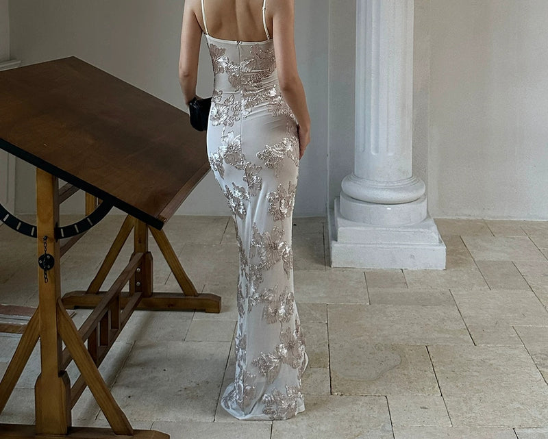 Champagne Floral-Detail Strappy Evening Dress - garment detail