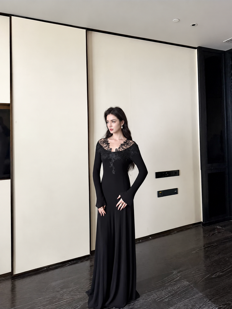 Lace-Trim Long-Sleeve Knit Evening Maxi Dress - Black