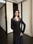 Lace-Trim Long-Sleeve Knit Evening Maxi Dress - Black