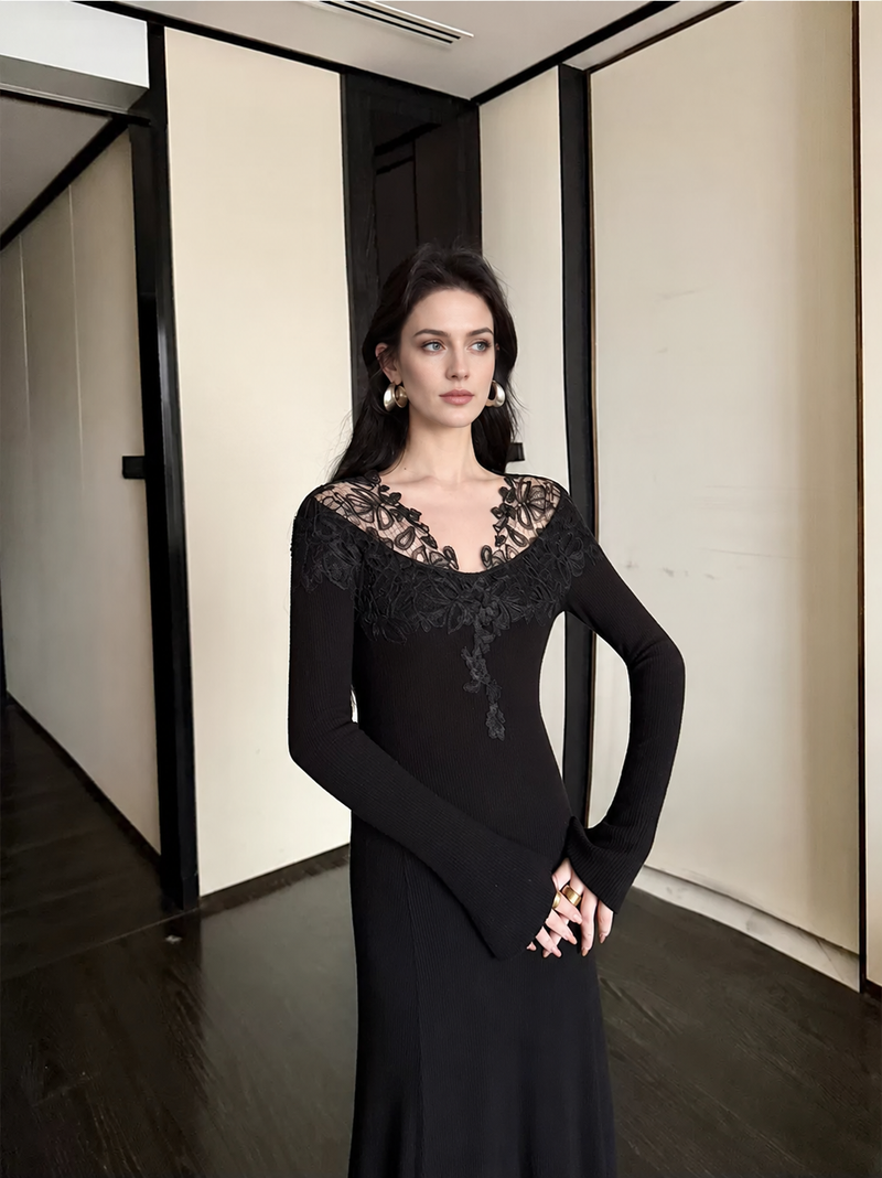 Lace-Trim Long-Sleeve Knit Evening Maxi Dress - Black