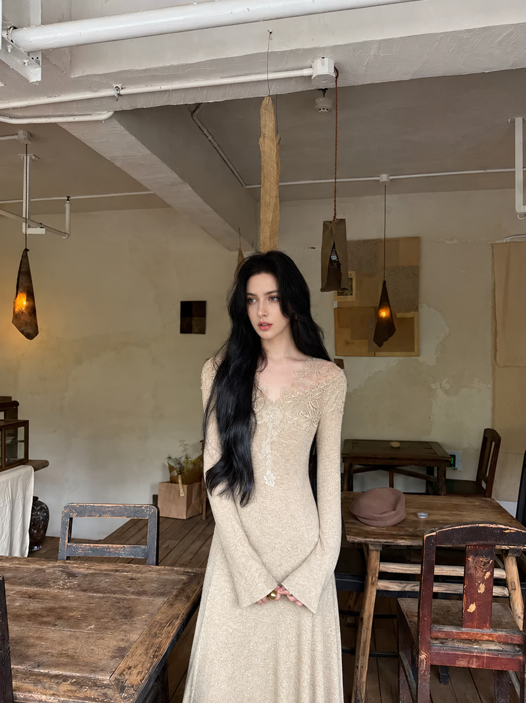 Lace-Trim Long-Sleeve Knit Evening Maxi Dress - Oatmeal
