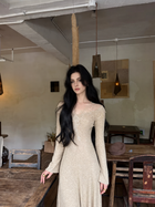 Lace-Trim Long-Sleeve Knit Evening Maxi Dress - Oatmeal