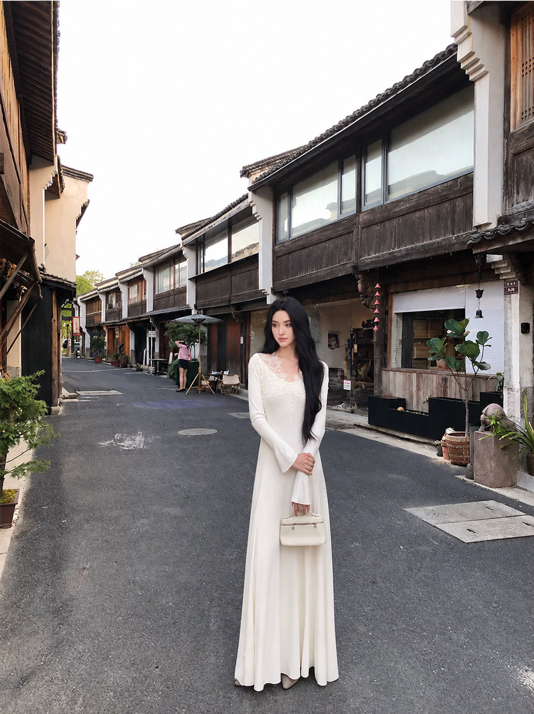 Lace-Trim Long-Sleeve Knit Evening Maxi Dress - White
