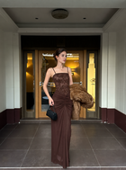 Brown Lace Bodice Ruched Maxi Dress - Brown