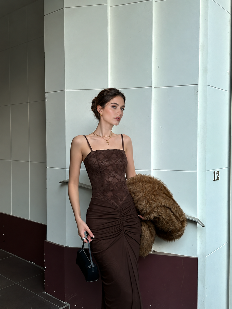 Brown Lace Bodice Ruched Maxi Dress - Brown