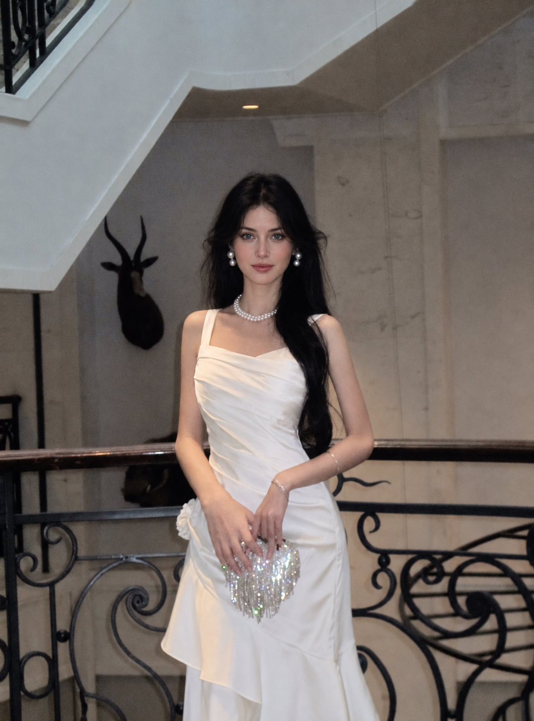 Ivory Satin-Finish Ruffle-Hem Evening Dress, ivory, additional view