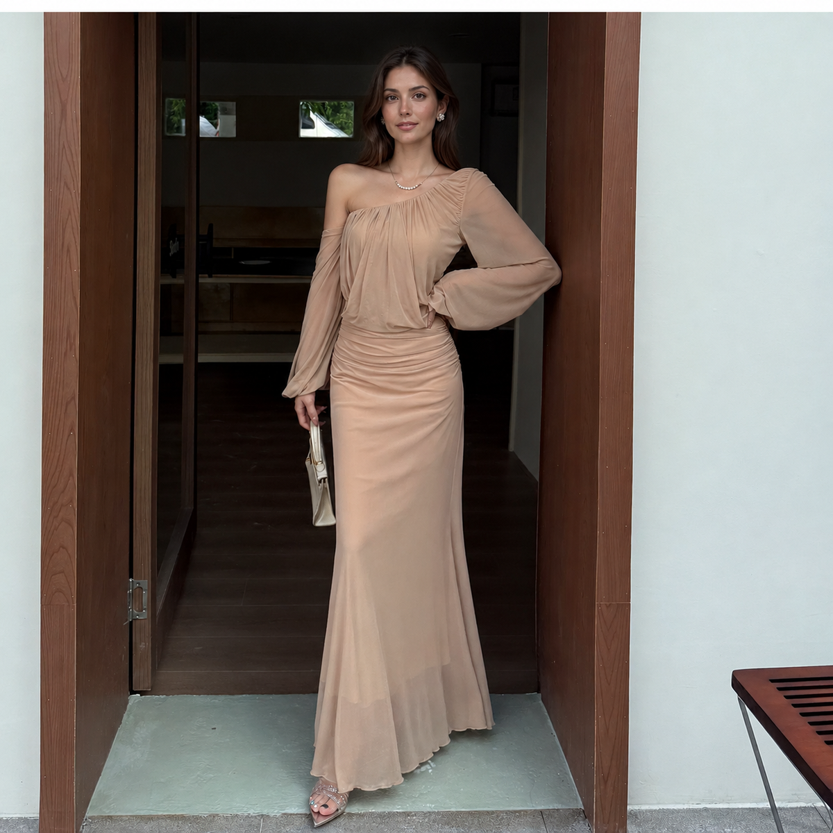 Apricot Asymmetric-Neck Ruched Mesh Maxi Dress, apricot, front view