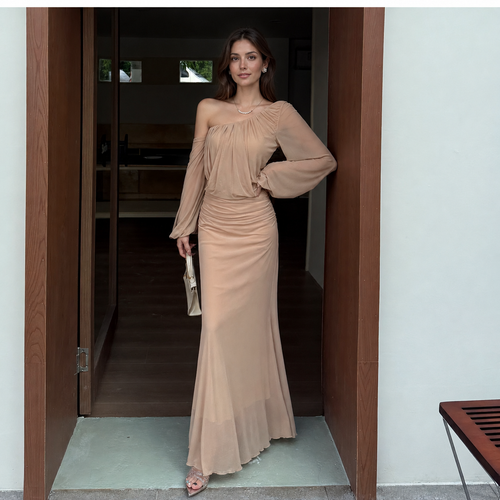 Apricot Asymmetric-Neck Ruched Mesh Maxi Dress, apricot, front view
