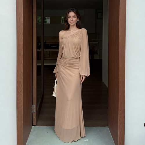 Apricot Asymmetric-Neck Ruched Mesh Maxi Dress, apricot, additional view