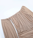 Apricot Asymmetric-Neck Ruched Mesh Maxi Dress, Apricot, ruched bodice
