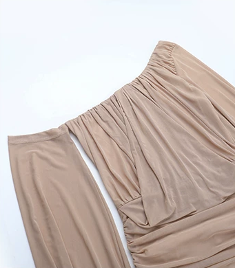 Apricot Asymmetric-Neck Ruched Mesh Maxi Dress, Apricot, ruched bodice