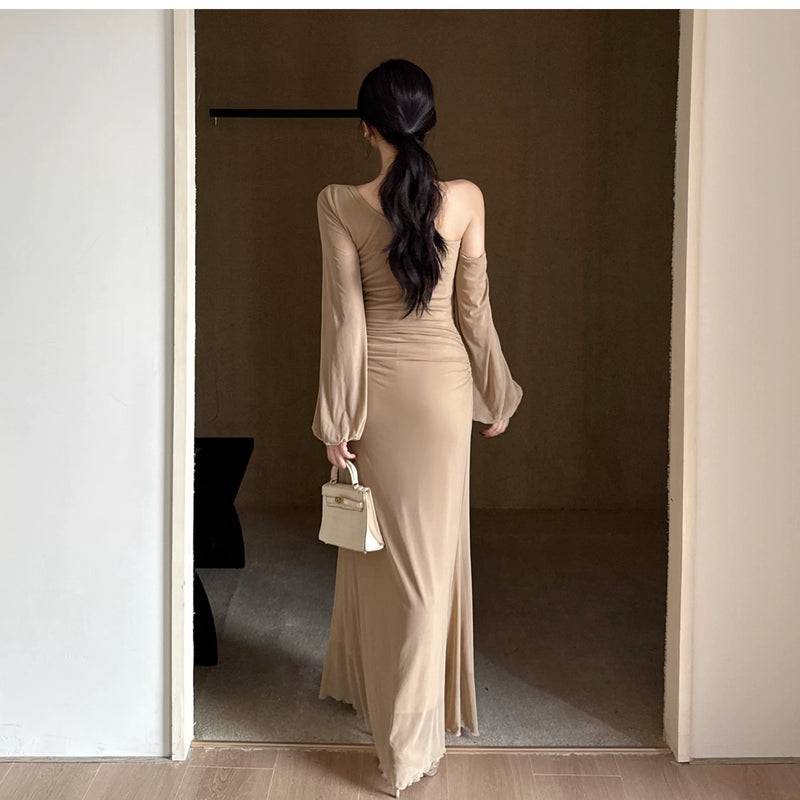Apricot Asymmetric-Neck Ruched Mesh Maxi Dress, Apricot, back