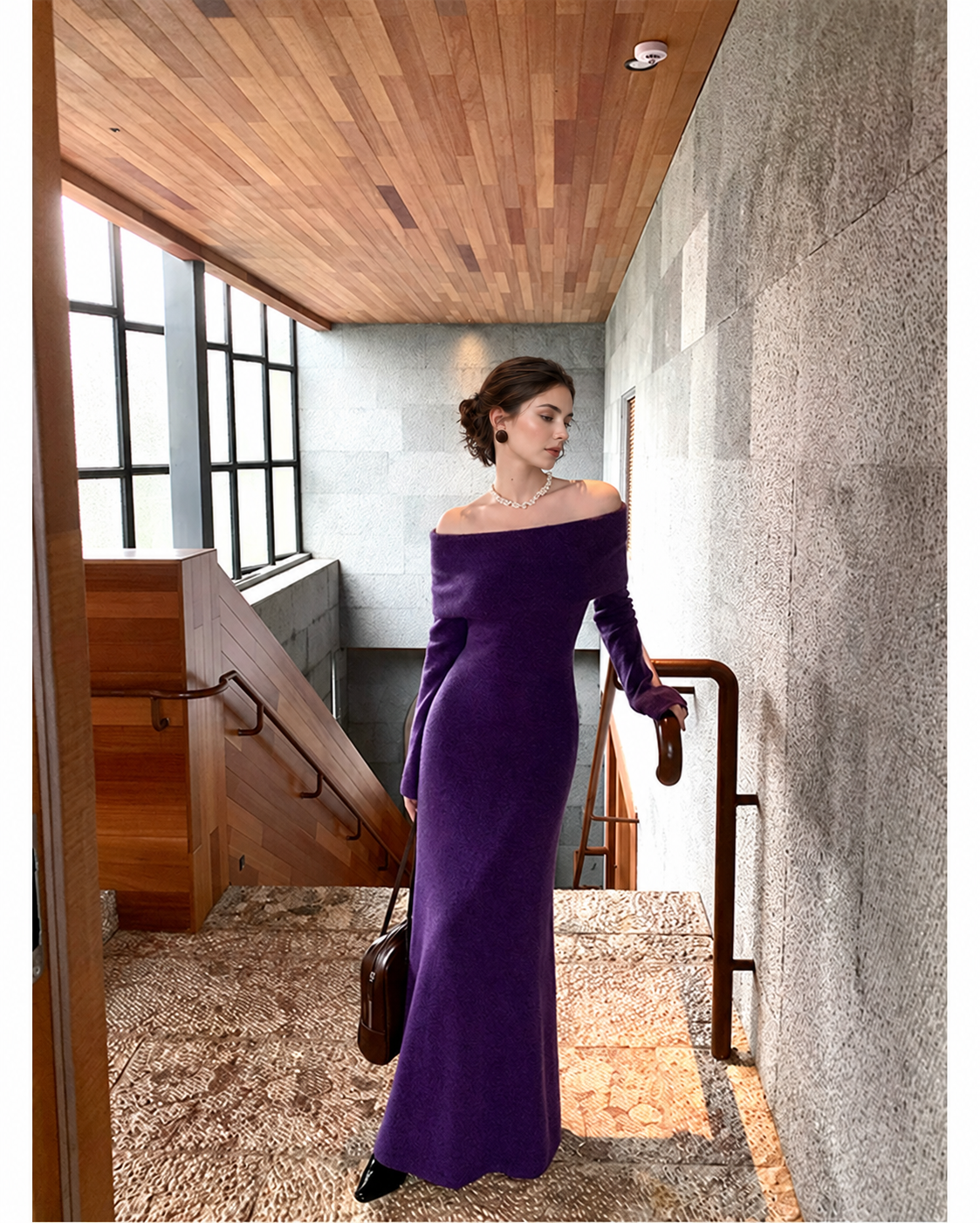 Off-Shoulder Knit Mermaid Maxi Dress - Purple