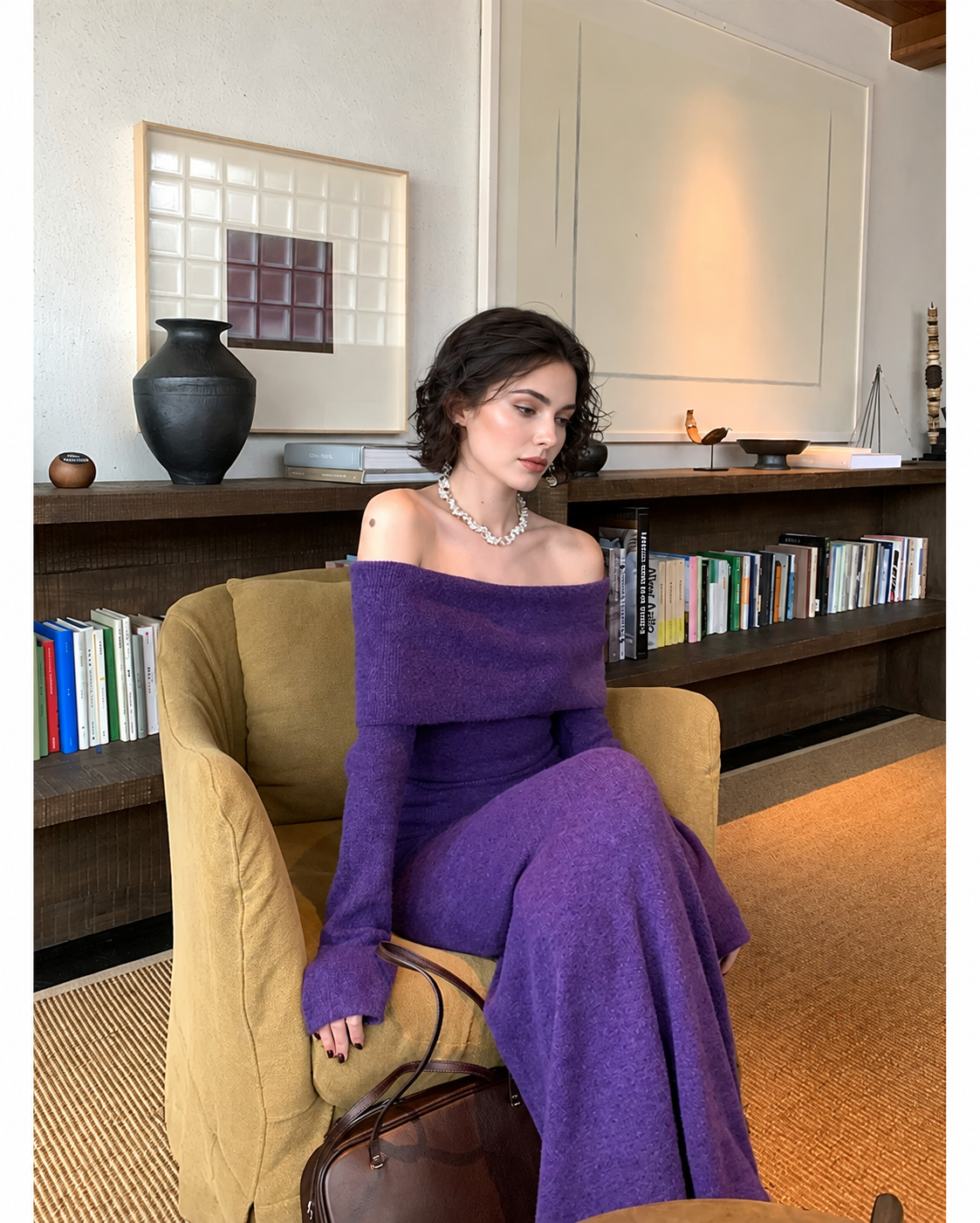 Off-Shoulder Knit Mermaid Maxi Dress - Purple