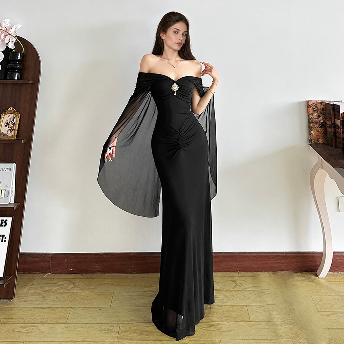 Draped Convertible Mesh Evening Maxi Dress - Black