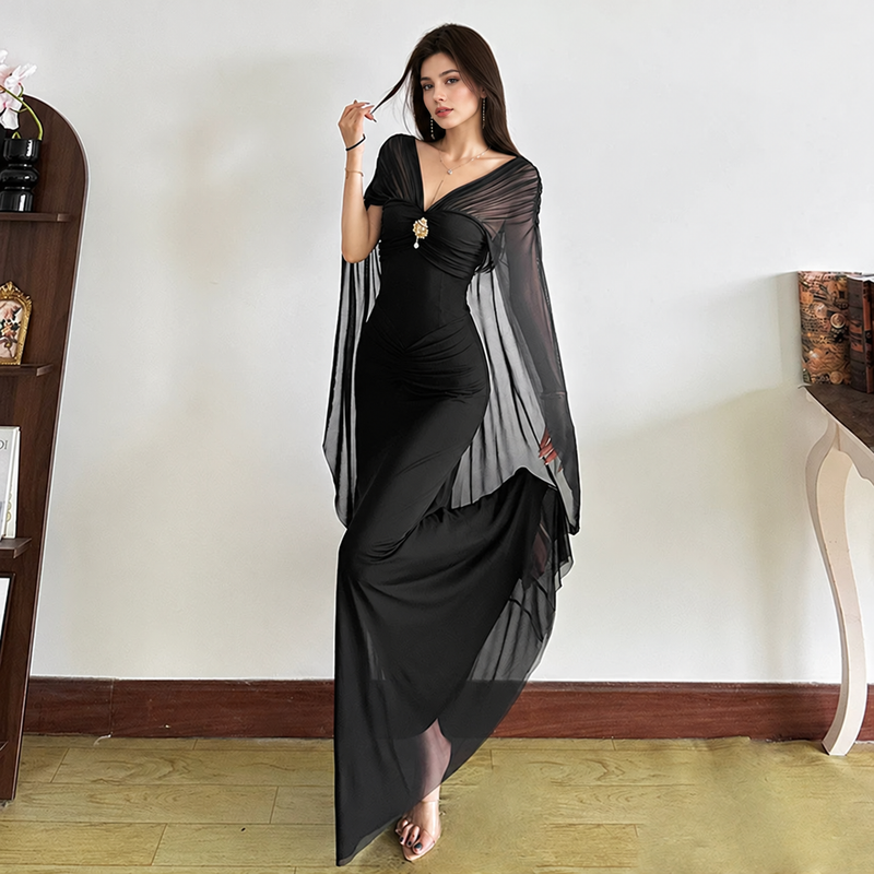 Draped Convertible Mesh Evening Maxi Dress - Black
