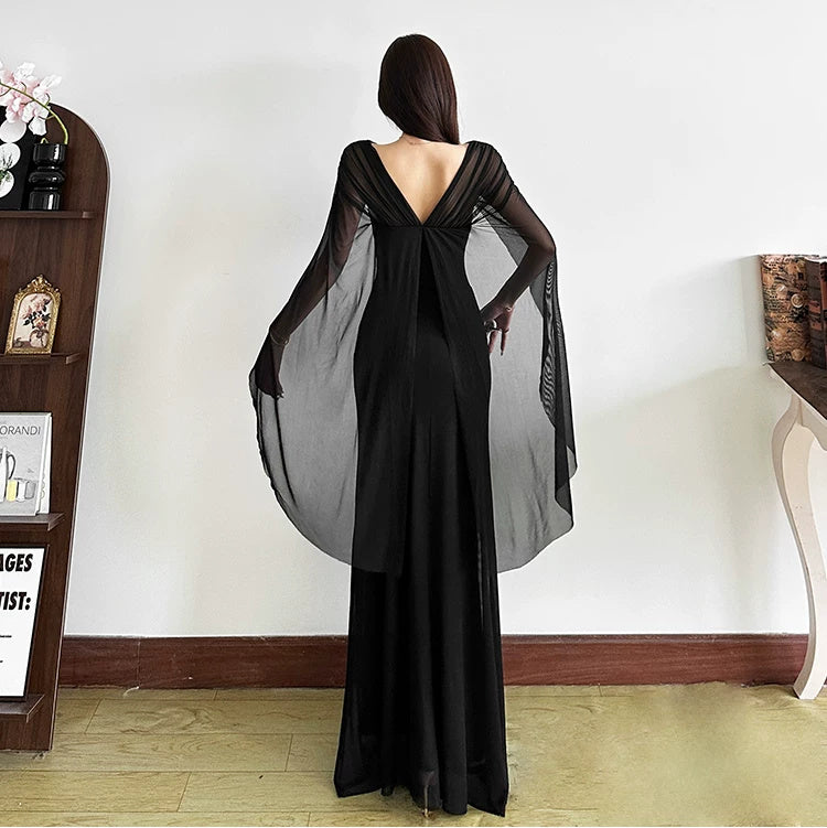 Draped Convertible Mesh Evening Maxi Dress - garment detail
